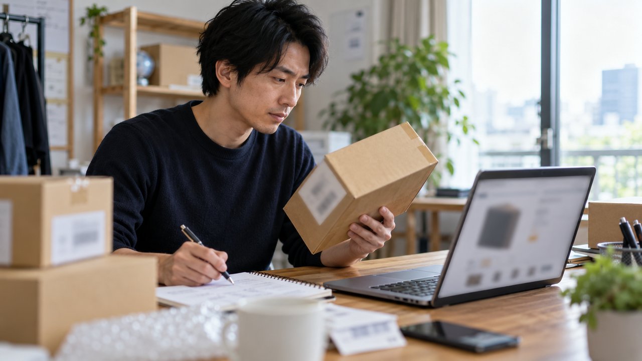 米国Amazonで販売する商品と出品条件を照合し、知的財産権の警告に備える様子