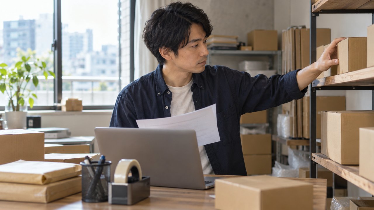 Amazon輸出の在庫と出荷を確認する小規模セラーの様子。