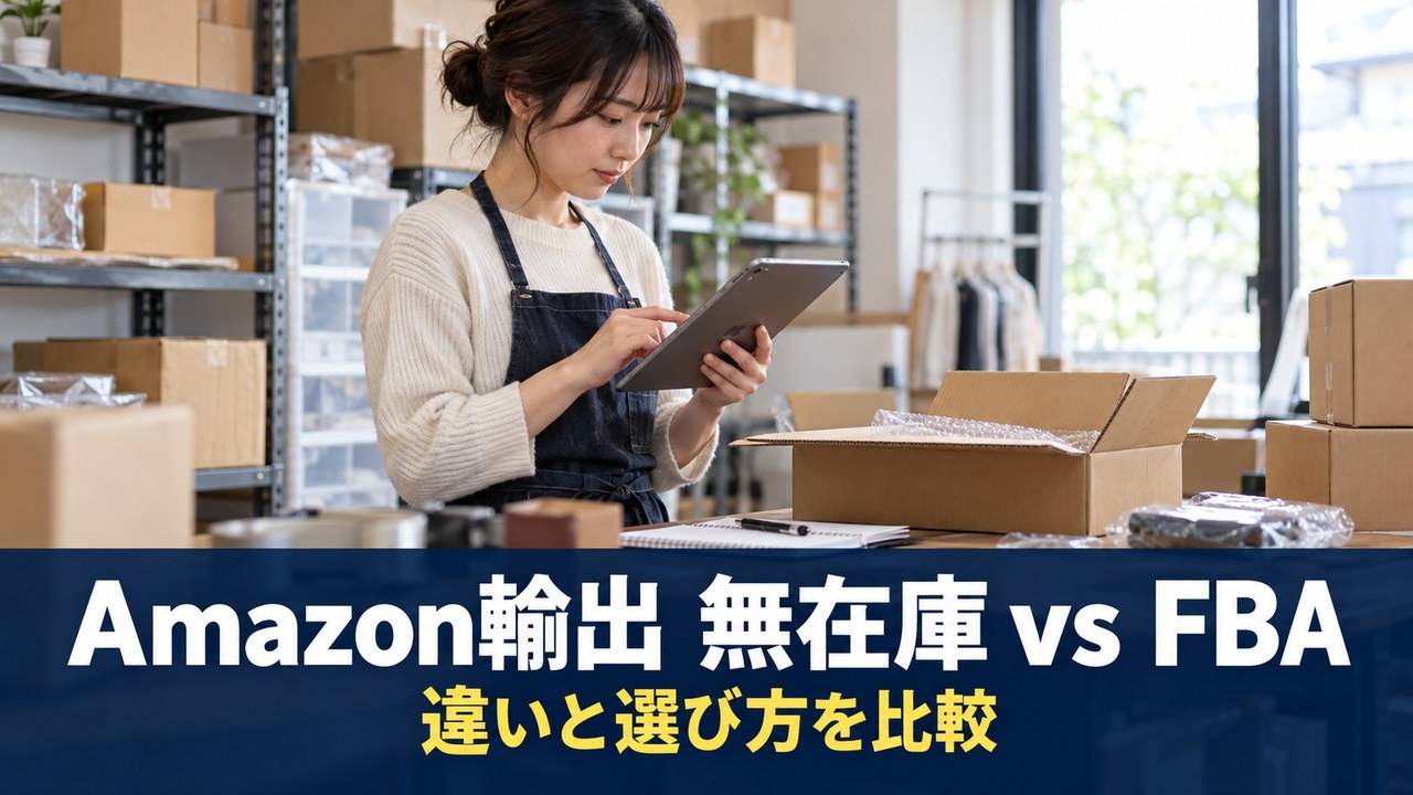 Amazon輸出の無在庫販売とFBAを比較し、在庫や発送を検討する様子。
