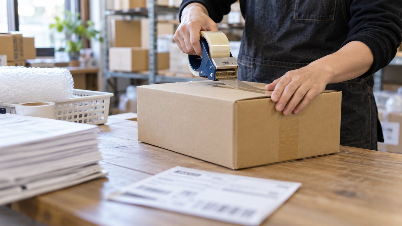 米国向けAmazon輸出の荷物を梱包する様子。