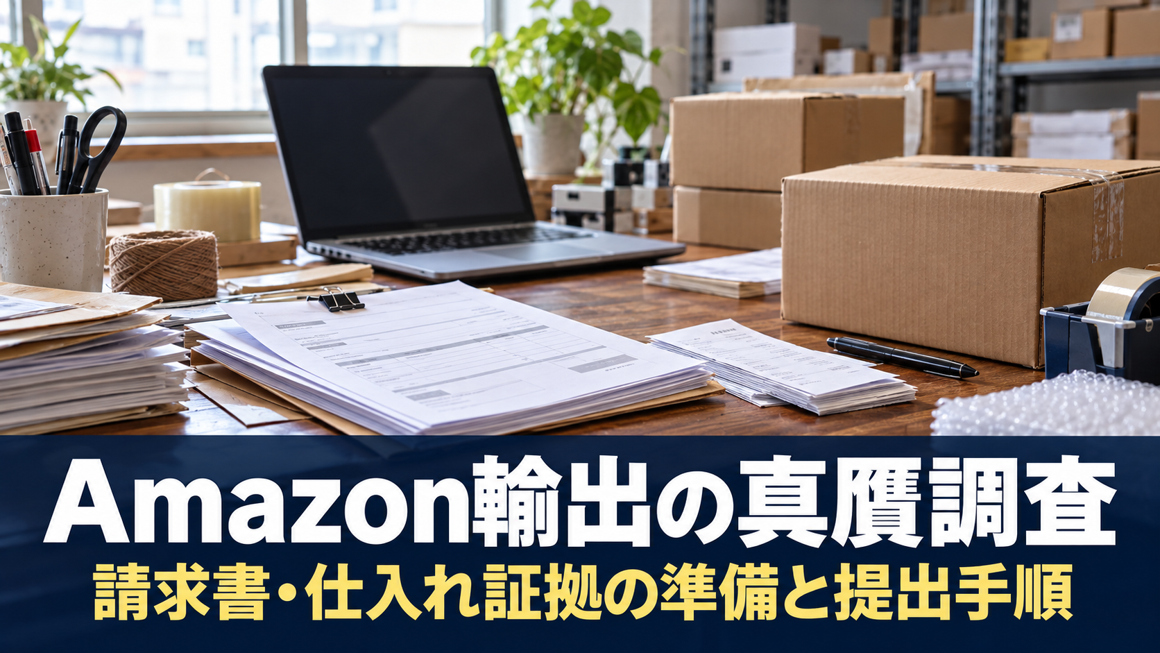 Amazon輸出の真贋調査。請求書・仕入れ証拠の準備と提出手順を示すタイトル入りアイキャッチ。写真に紺色の帯、白い見出し、黄色の補足を配置。
