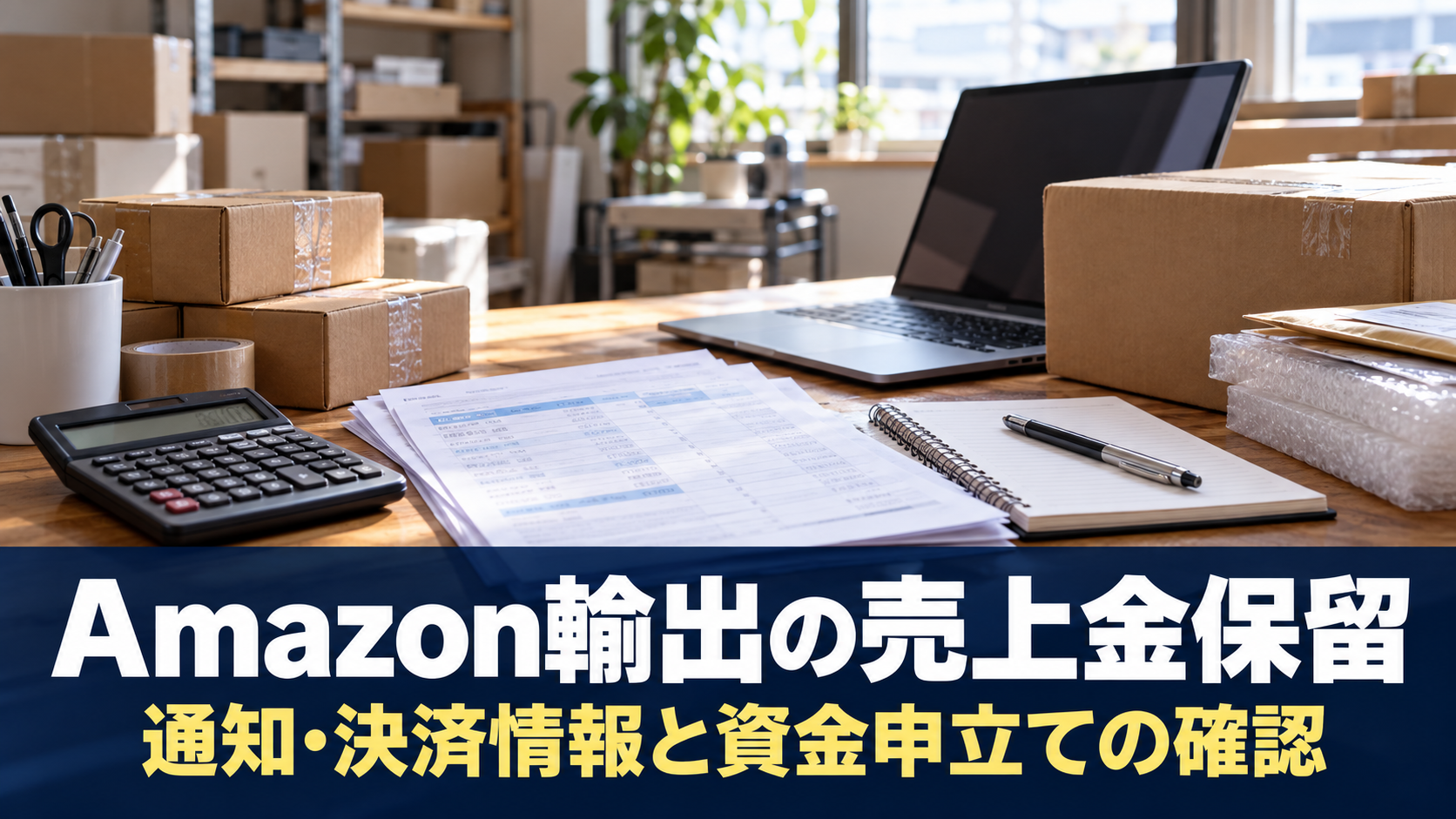 Amazon輸出の売上金保留。通知・決済情報と資金申立ての確認を示すタイトル入りアイキャッチ。写真に紺色の帯、白い見出し、黄色の補足を配置。