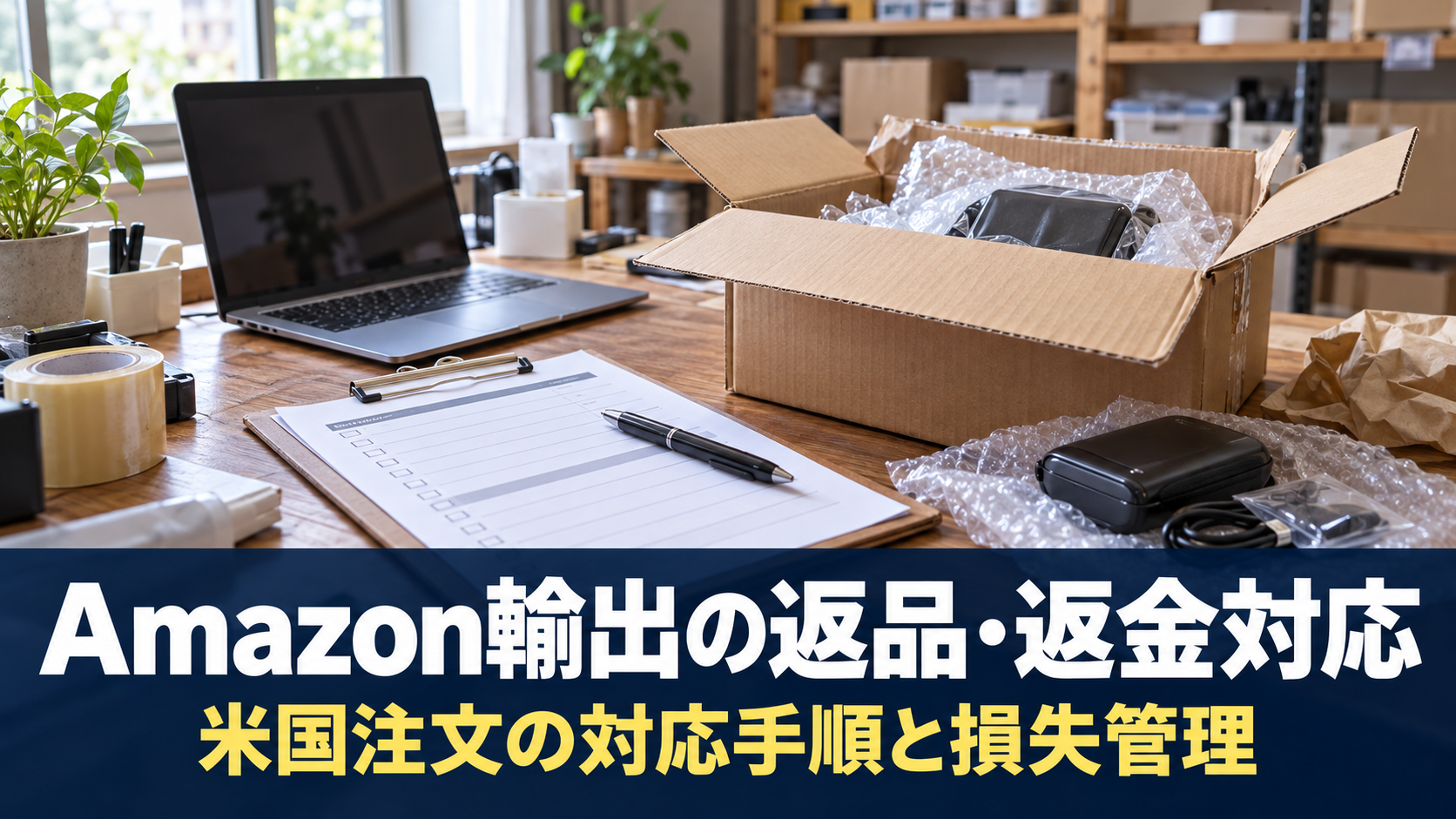 Amazon輸出の返品・返金対応。米国注文の対応手順と損失管理を示すタイトル入りアイキャッチ。写真に紺色の帯、白い見出し、黄色の補足を配置。