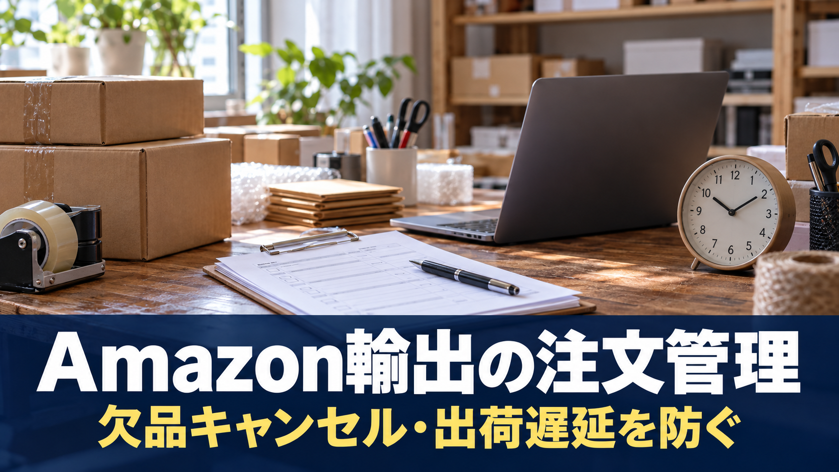 Amazon輸出の注文管理。欠品キャンセル・出荷遅延を防ぐを示すタイトル入りアイキャッチ。写真に紺色の帯、白い見出し、黄色の補足を配置。