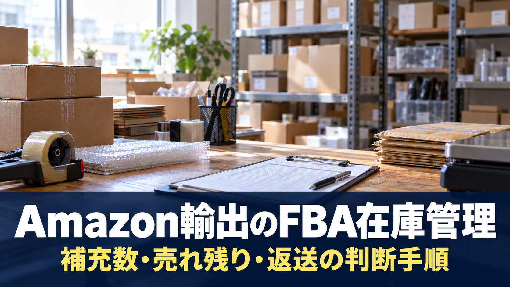 Amazon輸出のFBA在庫管理。補充数・売れ残り・返送の判断手順を示すタイトル入りアイキャッチ。写真に紺色の帯、白い見出し、黄色の補足を配置。