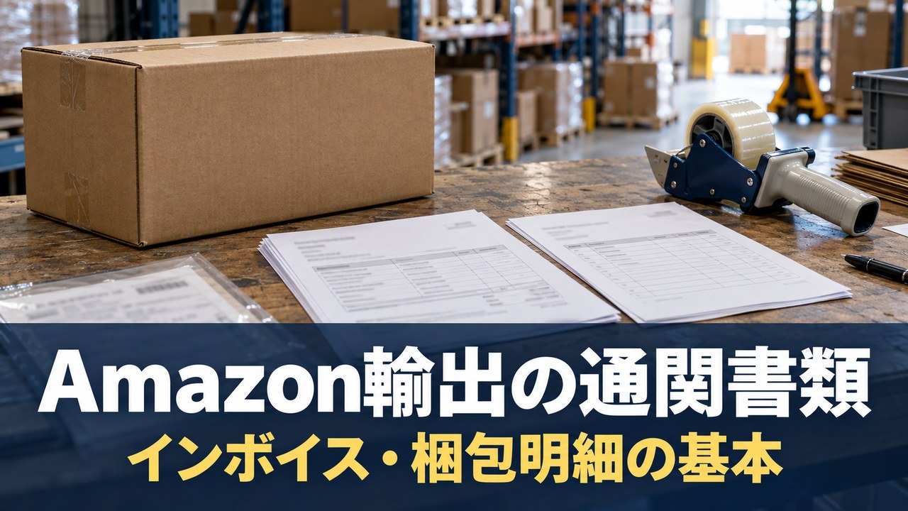 Amazon輸出の通関書類。インボイス、梱包明細、発送する箱を確認する様子。