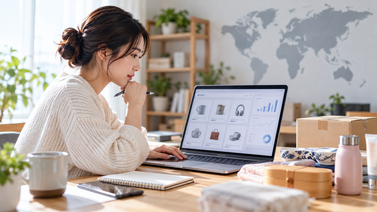 商品候補と価格データを見比べ、輸出商品の仕入れを検討する様子