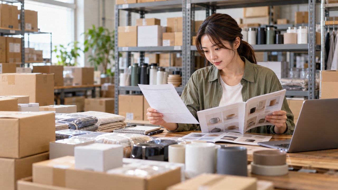 仕入れ先の資料と商品を確認し、取引条件を比べる作業風景