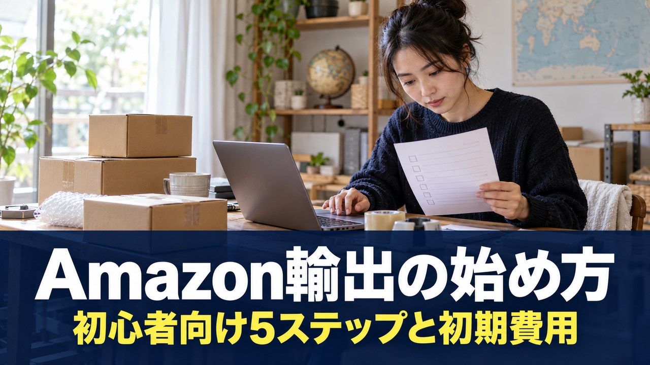Amazon輸出の始め方。初心者が準備リストとパソコンを確認する様子。画像内に「Amazon輸出の始め方」「初心者向け5ステップと初期費用」と表示。
