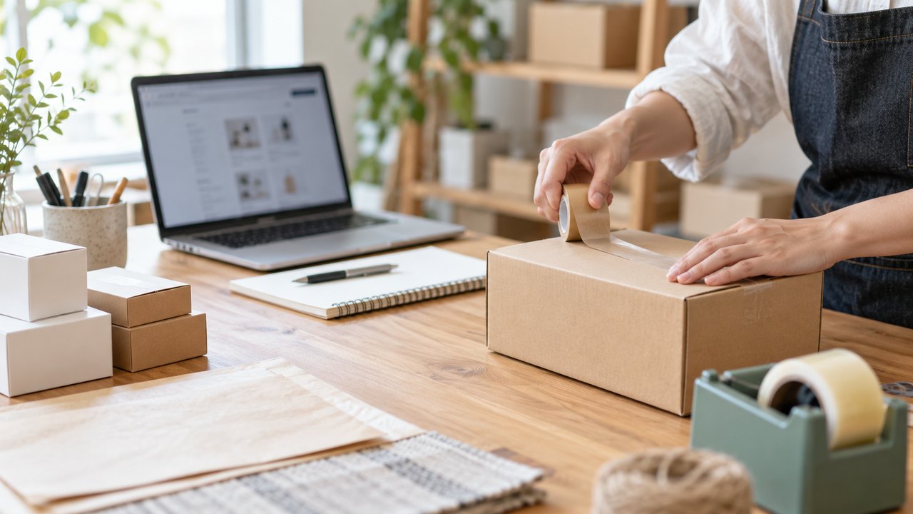 Amazon輸出を始める人が、パソコンと梱包した商品を使って発送準備をする様子